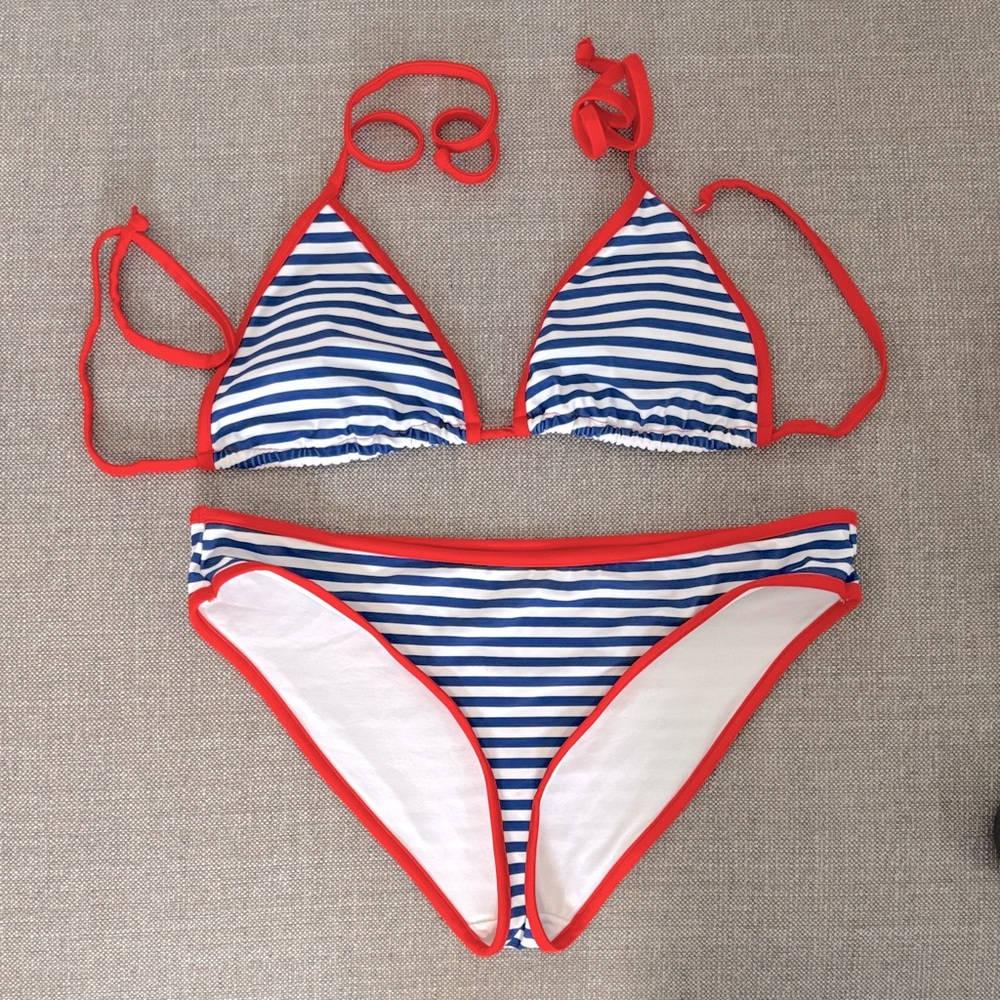Blue / White Striped‎ Bikini with Red Trim